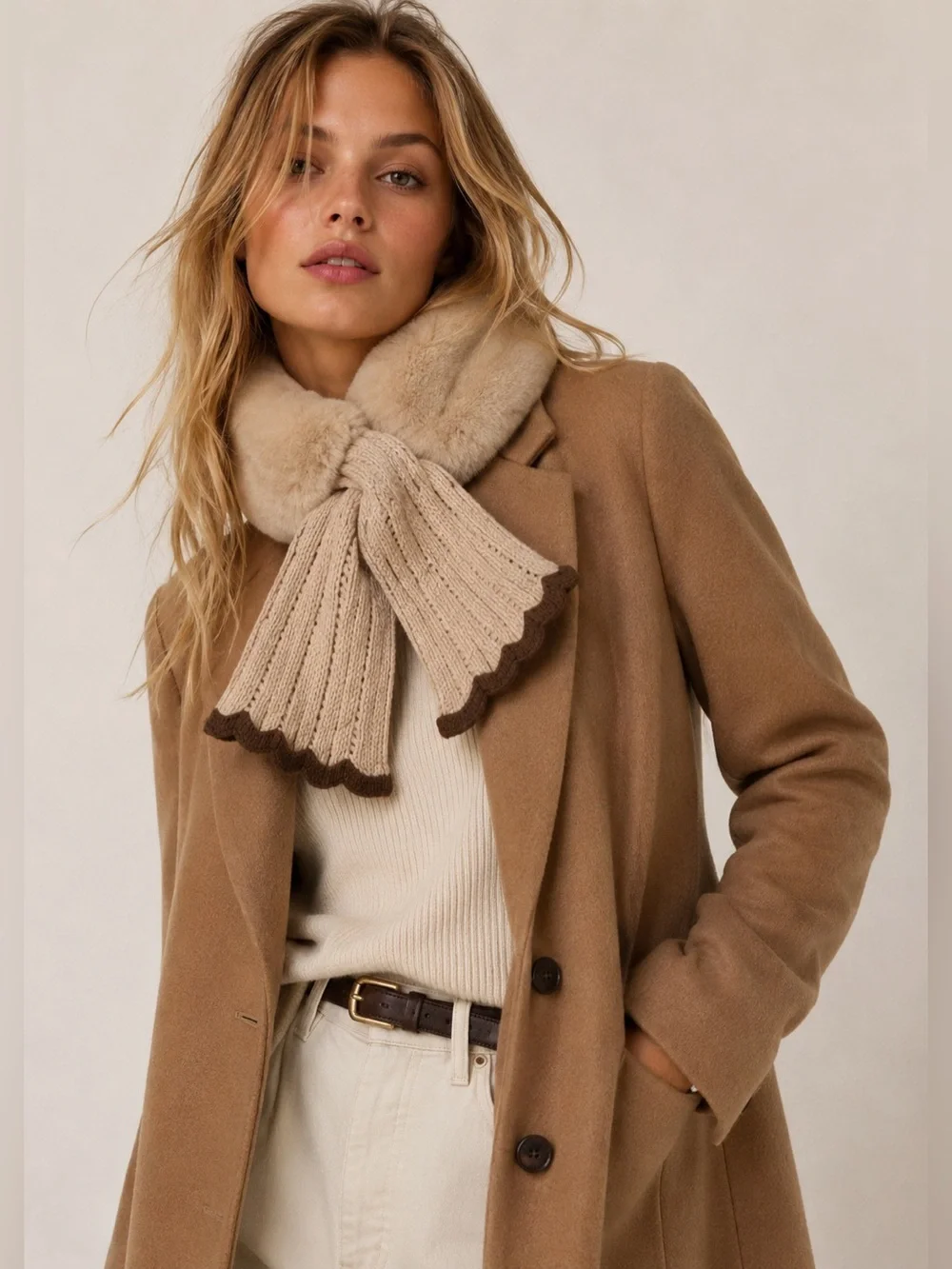 NWOT Beige Brown Faux Fur Knit Scarf Collar Neck Warmer